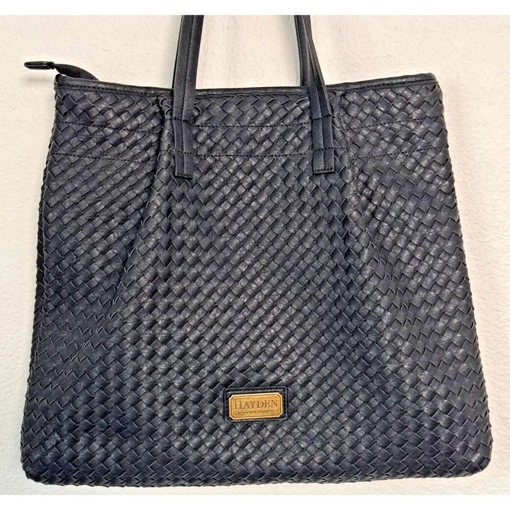 Hayden by Hayden Harnett‎ Shoulder Bag Black Woven Vegan Leather Tote Shopping